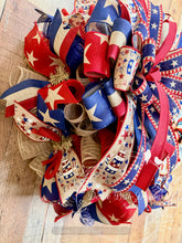 Load image into Gallery viewer, God Bless America 250th Anniversary Patriotic Wreath – Red White Blue Deco Mesh Door Wreath – Independence Day Decor – 1776-2026