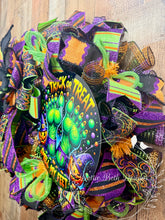 Load image into Gallery viewer, Halloween Trick or Treat Smell My Feet Deco Mesh Wreath | Purple, Lime Green & Orange Front Door Wreath | Halloween Door Hanger