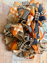 Load image into Gallery viewer, Black & White Harlequin Pumpkin Fall Wreath | Orange Buffalo Check Autumn Front Door Decor | Handmade Mesh Wreath