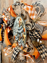 Load image into Gallery viewer, Black & White Harlequin Pumpkin Fall Wreath | Orange Buffalo Check Autumn Front Door Decor | Handmade Mesh Wreath
