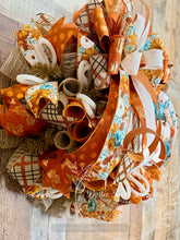 Load image into Gallery viewer, Teal & Orange Pumpkin Fall Deco Mesh Wreath with Pumpkin Bow – 25 Inch Autumn Front Door Wreath