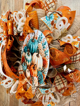 Load image into Gallery viewer, Teal & Orange Pumpkin Fall Deco Mesh Wreath with Pumpkin Bow – 25 Inch Autumn Front Door Wreath