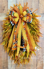 Load image into Gallery viewer, Pumpkin Bead Grass Grapevine Wreath with Coordinating Fall Bow | Rustic Autumn Front Door Decor | 22” x 32”