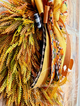 Load image into Gallery viewer, Pumpkin Bead Grass Grapevine Wreath with Coordinating Fall Bow | Rustic Autumn Front Door Decor | 22” x 32”