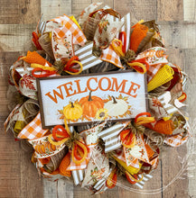 Load image into Gallery viewer, Fall Pumpkin Welcome Wreath with Rustic Pumpkin Sign | Orange & Neutral Front Door Decor | 25” Deco Mesh Wreath
