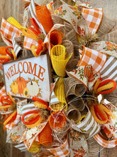 Load image into Gallery viewer, Fall Pumpkin Welcome Wreath with Rustic Pumpkin Sign | Orange & Neutral Front Door Decor | 25” Deco Mesh Wreath