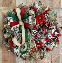 Load image into Gallery viewer, Rustic Reindeer Christmas Wreath | Red, Green & Gold Woodland Holiday Front Door Décor