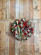 Load image into Gallery viewer, Rustic Reindeer Christmas Wreath | Red, Green & Gold Woodland Holiday Front Door Décor