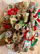 Load image into Gallery viewer, Rustic Reindeer Christmas Wreath | Red, Green & Gold Woodland Holiday Front Door Décor