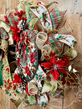 Load image into Gallery viewer, Rustic Reindeer Christmas Wreath | Red, Green & Gold Woodland Holiday Front Door Décor