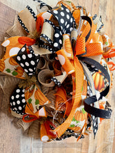 Load image into Gallery viewer, Welcome Pumpkin Fall Wreath | Orange Black and White Front Door Decor