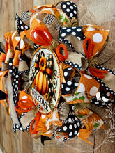 Load image into Gallery viewer, Welcome Pumpkin Fall Wreath | Orange Black and White Front Door Decor