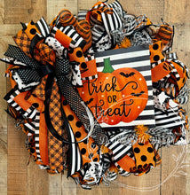 Load image into Gallery viewer, Trick or Treat Halloween Wreath | Orange, Black and White Pumpkin Front Door Decor