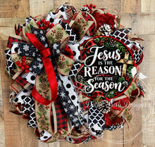 Load image into Gallery viewer, Jesus Is the Reason for the Season Christmas Wreath – Red, Black and White Holiday Door Decor