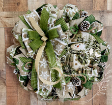 Load image into Gallery viewer, Woodland Snowman Christmas Wreath – Green and Neutral Winter Door Decor