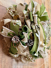 Load image into Gallery viewer, Woodland Snowman Christmas Wreath – Green and Neutral Winter Door Decor