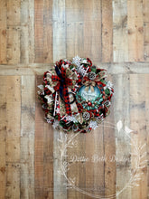 Load image into Gallery viewer, Rustic Merry Christmas Wreath with Red Buffalo Plaid, Pinecones and Snowflakes