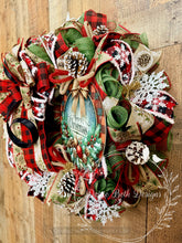 Load image into Gallery viewer, Rustic Merry Christmas Wreath with Red Buffalo Plaid, Pinecones and Snowflakes