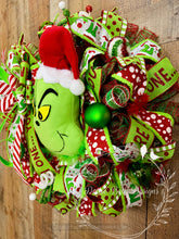 Load image into Gallery viewer, Green Monster Christmas Wreath with Santa Hat, Red and Lime Green Ribbon and Ornaments
