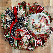 Load image into Gallery viewer, Rustic Christmas Pig Wreath with Red Barn and Snowflake Ribbons