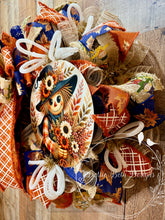 Load image into Gallery viewer, Whimsical Fall Scarecrow Wreath with Navy &amp; Burnt Orange
