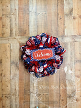 Load image into Gallery viewer, Patriotic Welcome Wreath | 4th of July Front Door Decor | Red White Blue Stars Deco Mesh Wreath
