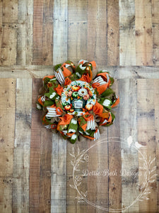 Welcome Fall Wreath with Pumpkins, Green and Orange Ribbons – Rustic Autumn Deco Mesh Wreath