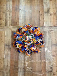 Happy Fall Pumpkin Wreath – Blue and Orange Autumn Deco Mesh Door Decoration