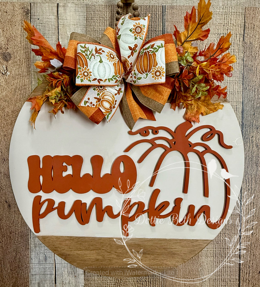 Hello Pumpkin Fall Door Hanger with 3D Pumpkin Design – 18” Round, 1/4” Thick