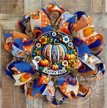 Load image into Gallery viewer, Happy Fall Pumpkin Wreath – Blue and Orange Autumn Deco Mesh Door Decoration

