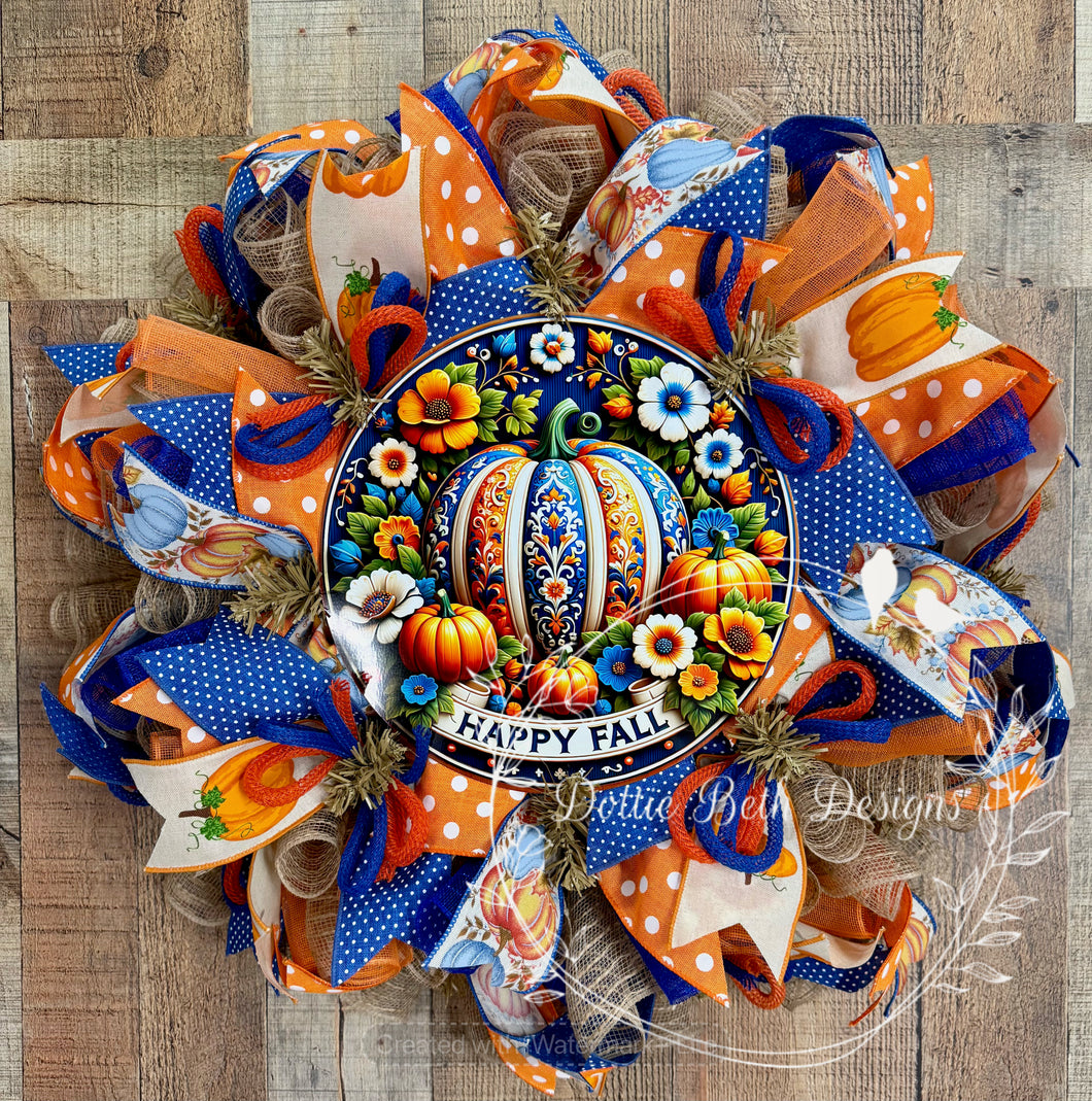Happy Fall Pumpkin Wreath – Blue and Orange Autumn Deco Mesh Door Decoration
