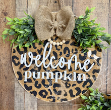 Load image into Gallery viewer, Leopard Print Fall Welcome Pumpkin Door Hanger – Rustic Wooden Front Porch Decor
