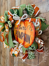 Load image into Gallery viewer, Hey There Pumpkin Fall Wreath with Orange Pumpkins, Moss Green Ribbon and Autumn Florals
