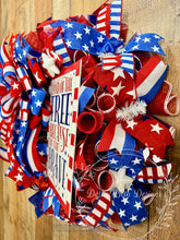 Load image into Gallery viewer, Land of the Free Patriotic Deco Mesh Wreath | Red White &amp; Blue Door Wreath | 4th of July | Memorial Day
