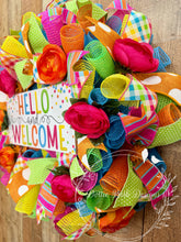 Load image into Gallery viewer, Hello and Welcome Wreath – Bright Summer Mesh Door Decor with Ranunculus

