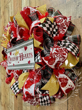 Load image into Gallery viewer, Queen of Hearts Valentine Wreath – Red, Gold &amp; Black Harlequin Ribbon Door Decor
