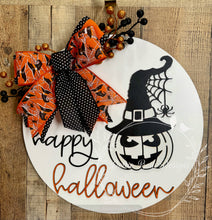 Load image into Gallery viewer, Happy Halloween Witch Pumpkin Door Hanger – 16” Round
