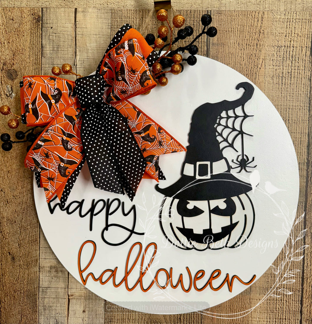 Happy Halloween Witch Pumpkin Door Hanger – 16” Round