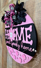Load image into Gallery viewer, Home Sweet Spooky Home Pink Halloween Door Hanger – 16” Round

