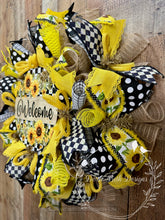 Load image into Gallery viewer, Sunflower Welcome Wreath with Yellow and Black Ribbons – 25”

