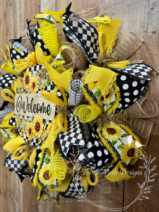 Sunflower Welcome Wreath with Yellow and Black Ribbons – 25”