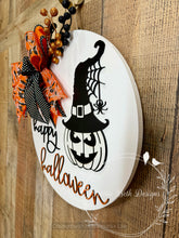 Load image into Gallery viewer, Happy Halloween Witch Pumpkin Door Hanger – 16” Round
