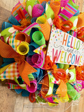 Load image into Gallery viewer, Colorful Hello and Welcome Wreath – Bright Summer Deco Mesh Door Wreath with Polka Dot Ribbon and Welcome Sign

