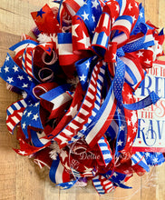 Load image into Gallery viewer, Land of the Free Patriotic Deco Mesh Wreath | Red White &amp; Blue Door Wreath | 4th of July | Memorial Day
