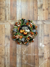 Load image into Gallery viewer, Fall Pumpkin Wreath with Black and White Check – Elegant Autumn Door Decor
