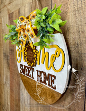 Load image into Gallery viewer, Sunflower Home Sweet Home Door Hanger – Rustic Wooden Front Door Sign with Greenery and Bow
