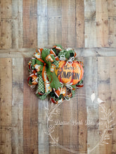 Load image into Gallery viewer, Hey There Pumpkin Fall Wreath with Orange Pumpkins, Moss Green Ribbon and Autumn Florals
