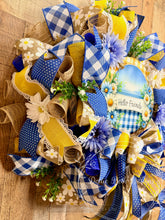 Load image into Gallery viewer, Hello Friends Blue and Yellow Spring Wreath with Daisies, Farmhouse Front Door Decor, Blue Gingham Floral Wreath
