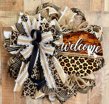 Load image into Gallery viewer, Leopard Print Welcome Wreath | Burlap &amp; Lace Door Wreath | Everyday Wreath | Farmhouse Glam Wreath
