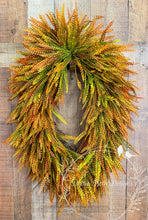 Load image into Gallery viewer, Pumpkin Bead Grass Grapevine Wreath with Coordinating Fall Bow | Rustic Autumn Front Door Decor | 22” x 32”
